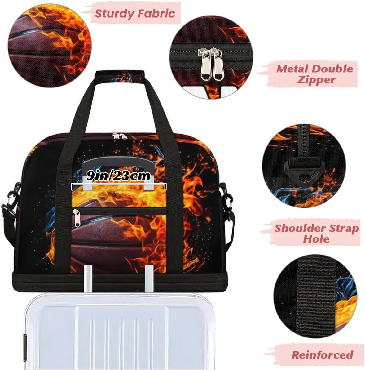 Sports Theme Basketball Custom Foldable Duffle Bag with Shoes Compartment Personalized Large Capacity Waterproof Travel Weekender Bag Overnight Bag for Sports Gym