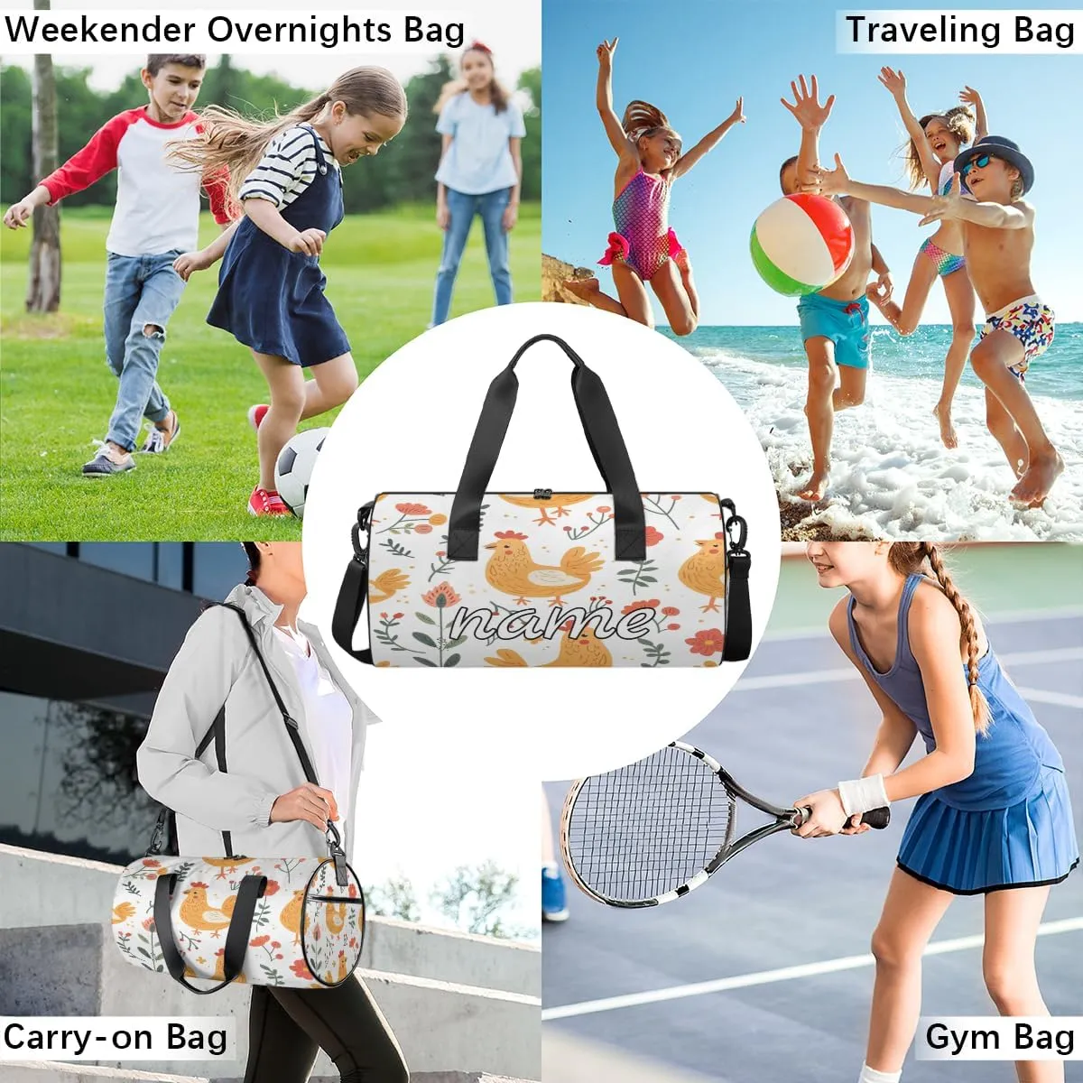 Spring Custom Duffel Bags Hen Floral Weekender Bags Custom Sport Duffel Bag Carry on Overnight Weekender Bag