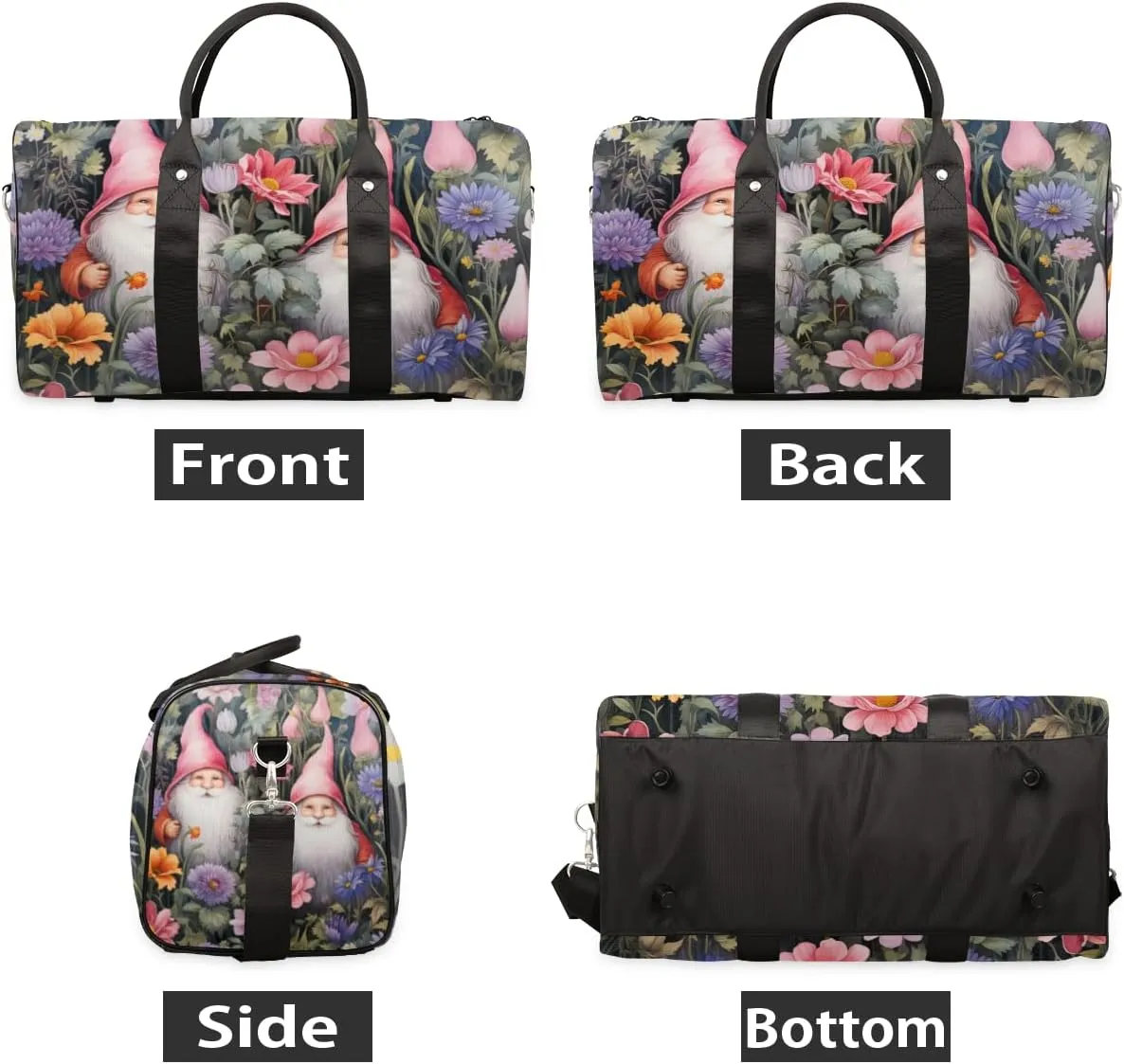 Spring Gnomes Travel Duffle Bag for Women Men Gym Duffel Foldable Bag Waterproof Weekender Flower Grassland Duffle Tote
