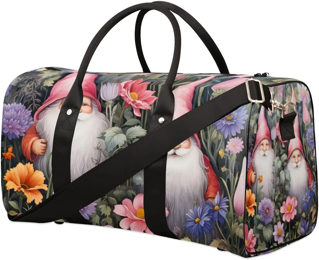Spring Gnomes Travel Duffle Bag for Women Men Gym Duffel Foldable Bag Waterproof Weekender Flower Grassland Duffle Tote