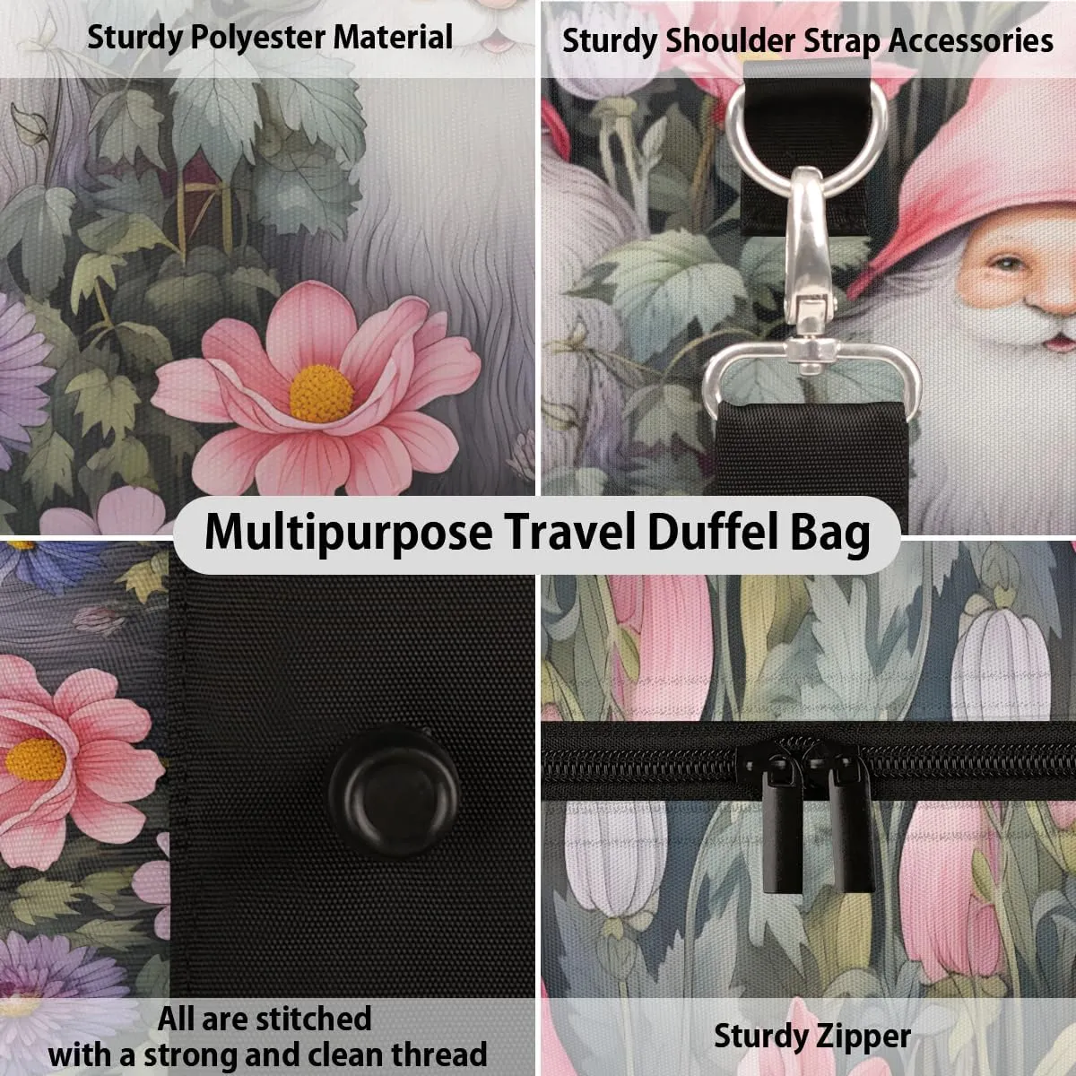 Spring Gnomes Travel Duffle Bag for Women Men Gym Duffel Foldable Bag Waterproof Weekender Flower Grassland Duffle Tote