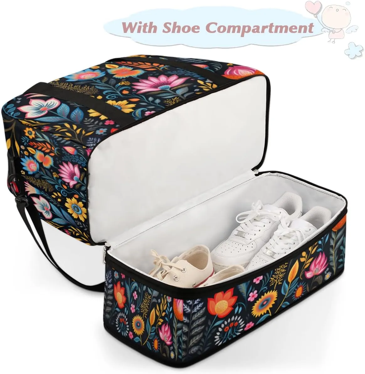 Spring Summer Flower Print Foldable Duffle Bag with Shoes Compartment Large Capacity Waterproof Travel Weekender Bag Overnight Bag for Sports Gym
