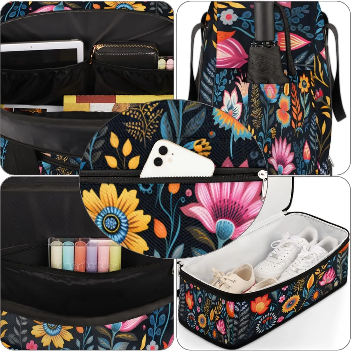 Spring Summer Flower Print Foldable Duffle Bag with Shoes Compartment Large Capacity Waterproof Travel Weekender Bag Overnight Bag for Sports Gym