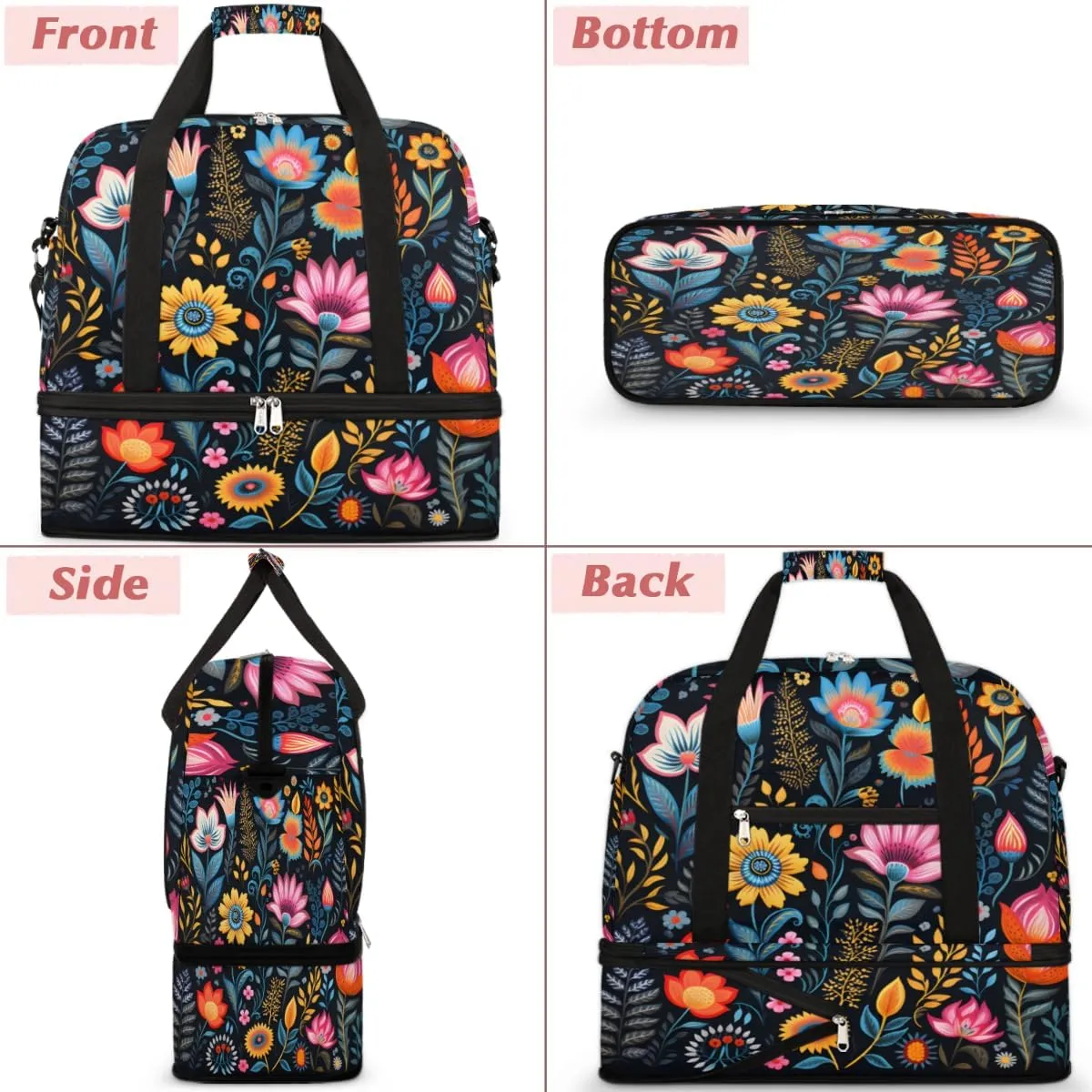 Spring Summer Flower Print Foldable Duffle Bag with Shoes Compartment Large Capacity Waterproof Travel Weekender Bag Overnight Bag for Sports Gym