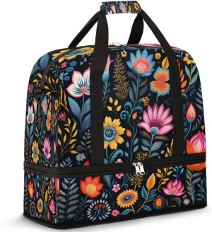 Spring Summer Flower Print Foldable Duffle Bag with Shoes Compartment Large Capacity Waterproof Travel Weekender Bag Overnight Bag for Sports Gym