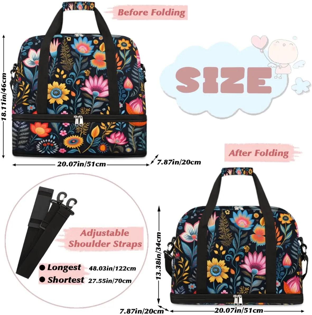 Spring Summer Flower Print Foldable Duffle Bag with Shoes Compartment Large Capacity Waterproof Travel Weekender Bag Overnight Bag for Sports Gym