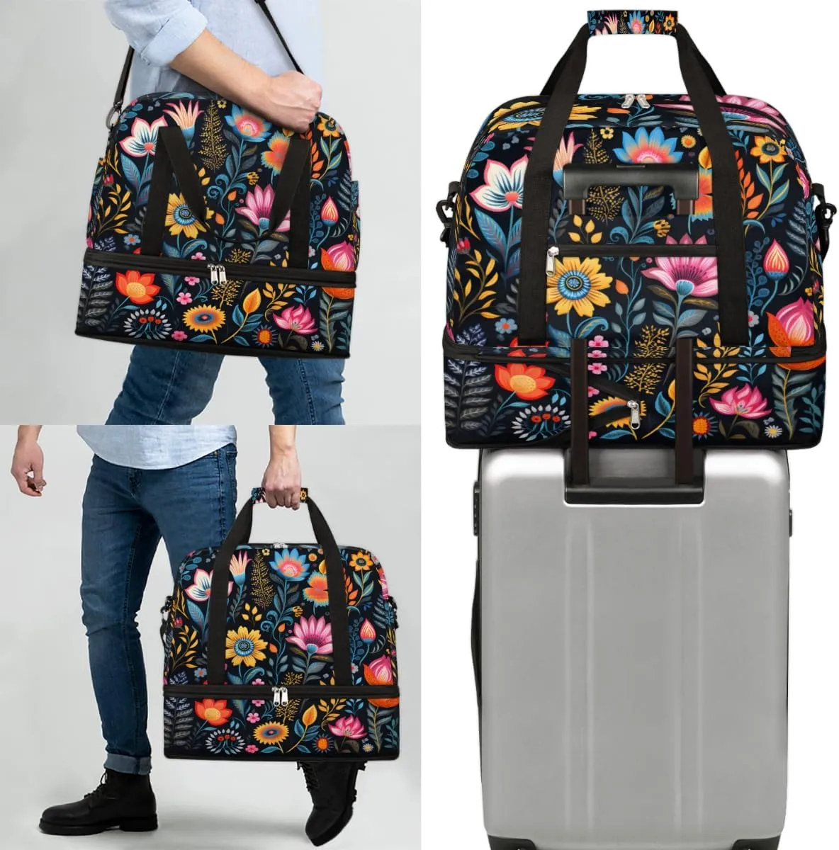 Spring Summer Flower Print Foldable Duffle Bag with Shoes Compartment Large Capacity Waterproof Travel Weekender Bag Overnight Bag for Sports Gym