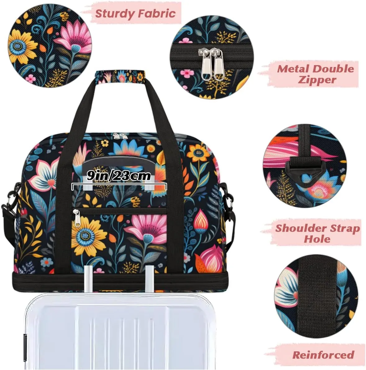 Spring Summer Flower Print Foldable Duffle Bag with Shoes Compartment Large Capacity Waterproof Travel Weekender Bag Overnight Bag for Sports Gym