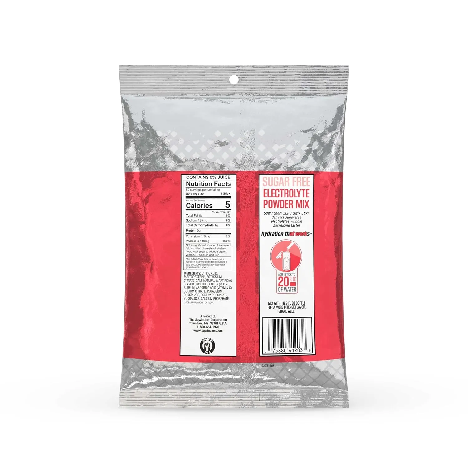 Sqwincher Zero Qwik Stik, Sugar Free, Low Calorie, Low Sodium Electrolyte Powder Hydration Drink Mix, Fruit Punch, .11 0z Packet (Pack of 50)
