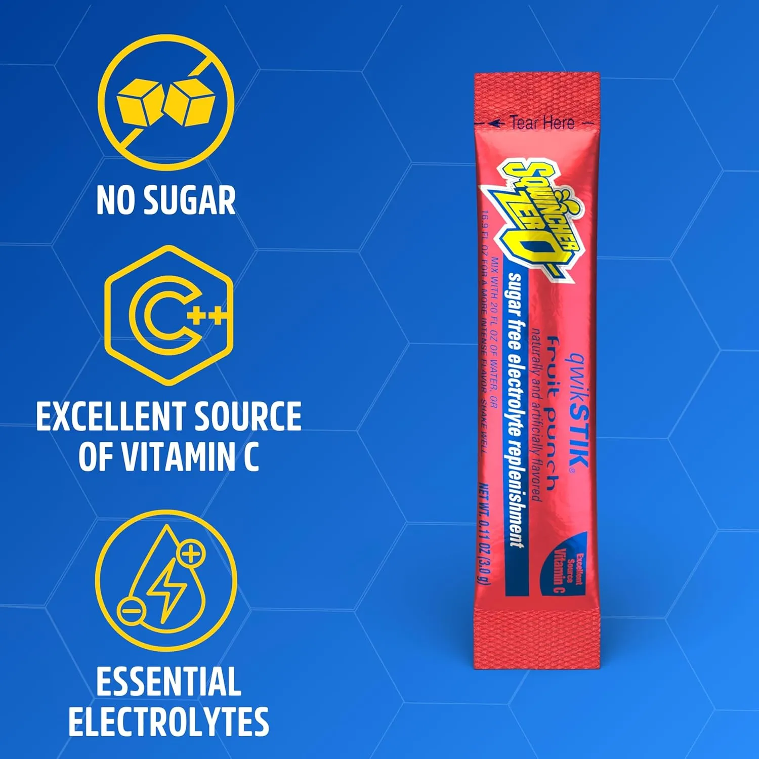 Sqwincher Zero Qwik Stik, Sugar Free, Low Calorie, Low Sodium Electrolyte Powder Hydration Drink Mix, Fruit Punch, .11 0z Packet (Pack of 50)