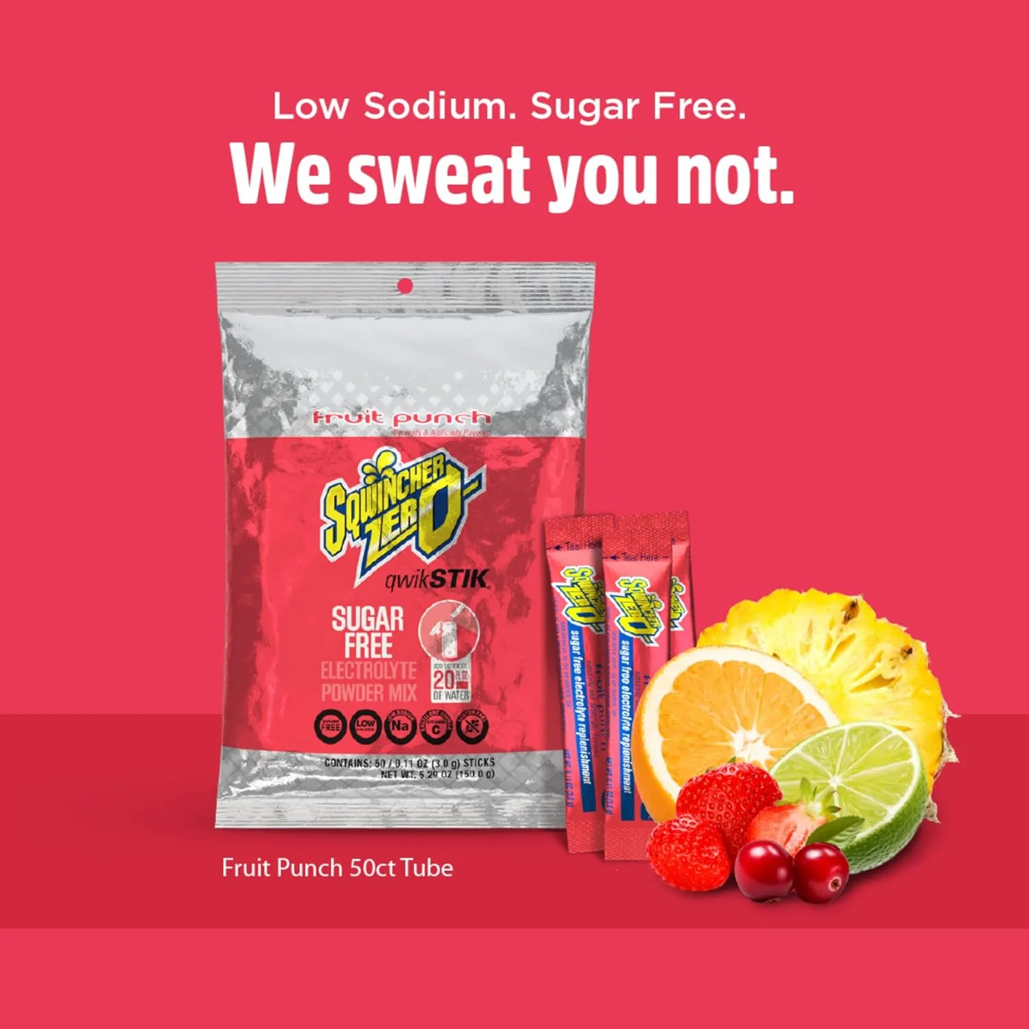 Sqwincher Zero Qwik Stik, Sugar Free, Low Calorie, Low Sodium Electrolyte Powder Hydration Drink Mix, Fruit Punch, .11 0z Packet (Pack of 50)