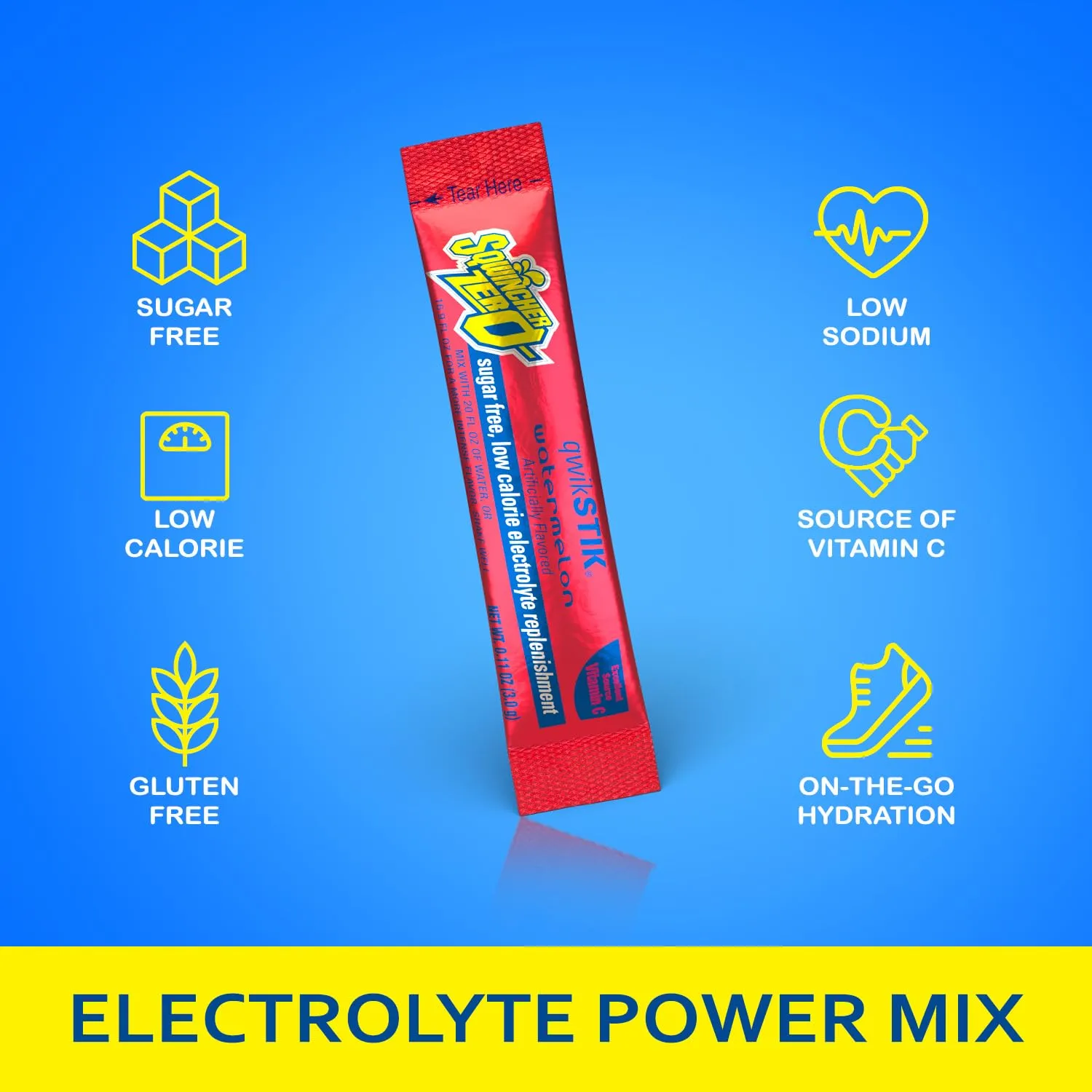 Sqwincher Zero Qwik Stik, Sugar Free, Low Calorie, Low Sodium Electrolyte Powder Hydration Drink Mix, Fruit Punch, .11 0z Packet (Pack of 50)