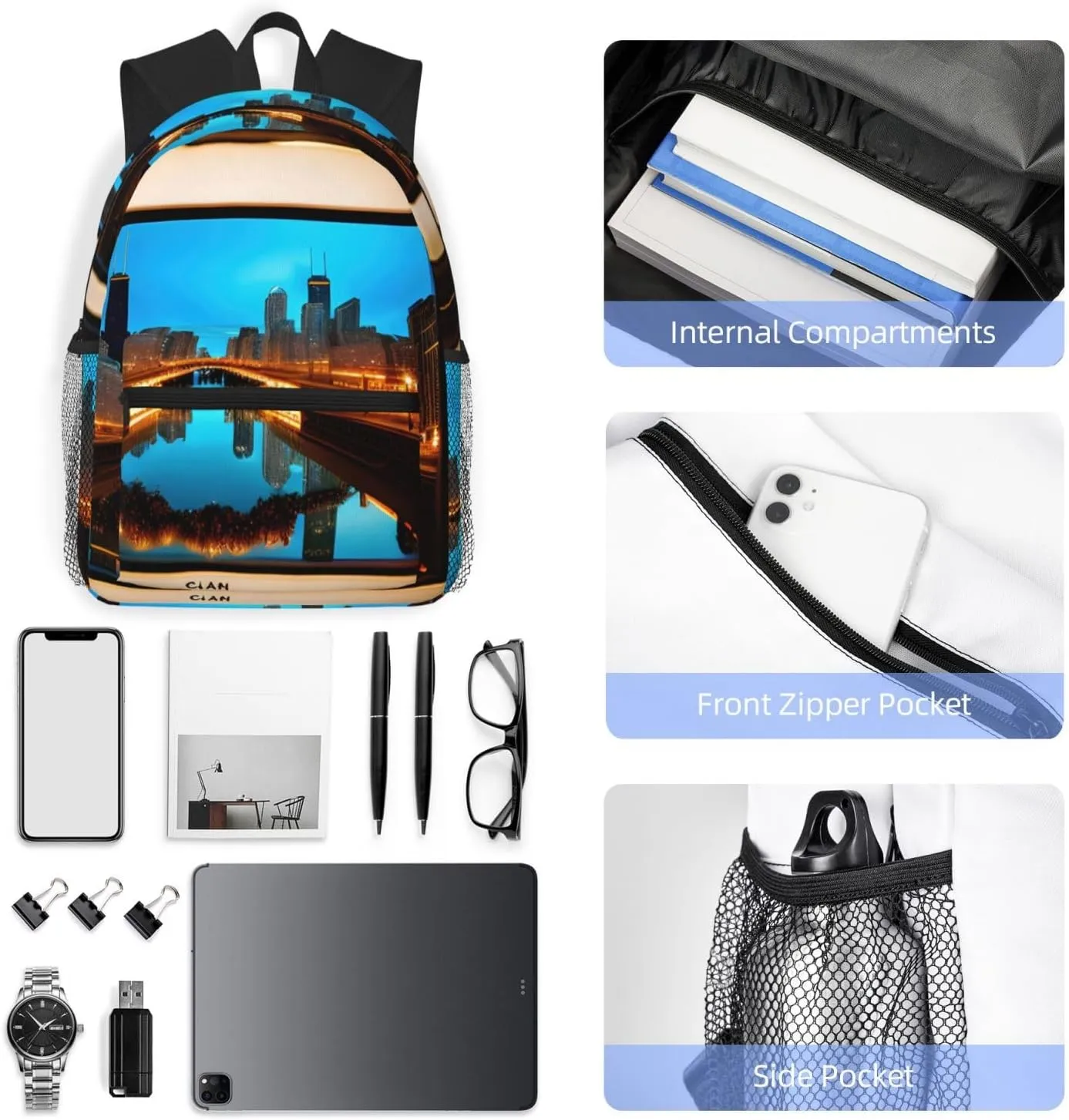 SSIMOO Chicago Reflected Print Trendy Leisure Backpack Your Ideal Travel Companion,A Must-Have For Outdoor Travels, SB-122