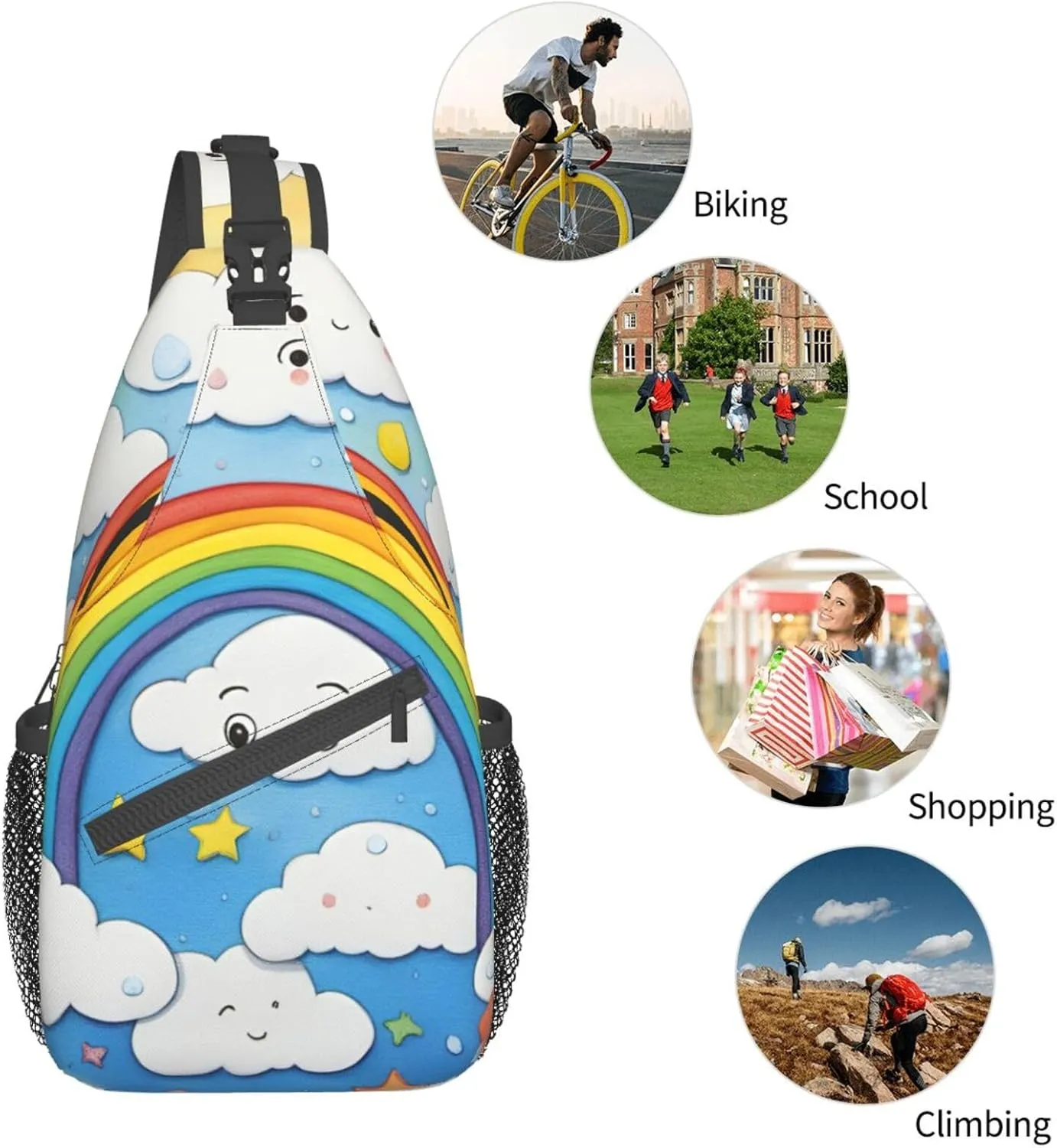 SSIMOO Rainbow Clouds Raindrop Versatile Travel Hiking Backpack-Perfect For Outdoor Cycling,Chest Shoulder Bag