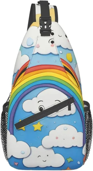SSIMOO Rainbow Clouds Raindrop Versatile Travel Hiking Backpack-Perfect For Outdoor Cycling,Chest Shoulder Bag
