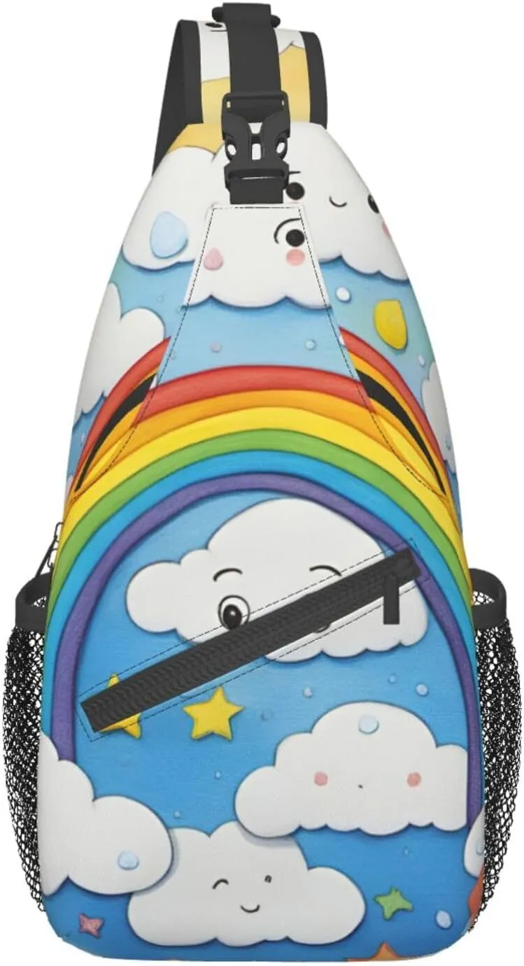 SSIMOO Rainbow Clouds Raindrop Versatile Travel Hiking Backpack-Perfect For Outdoor Cycling,Chest Shoulder Bag
