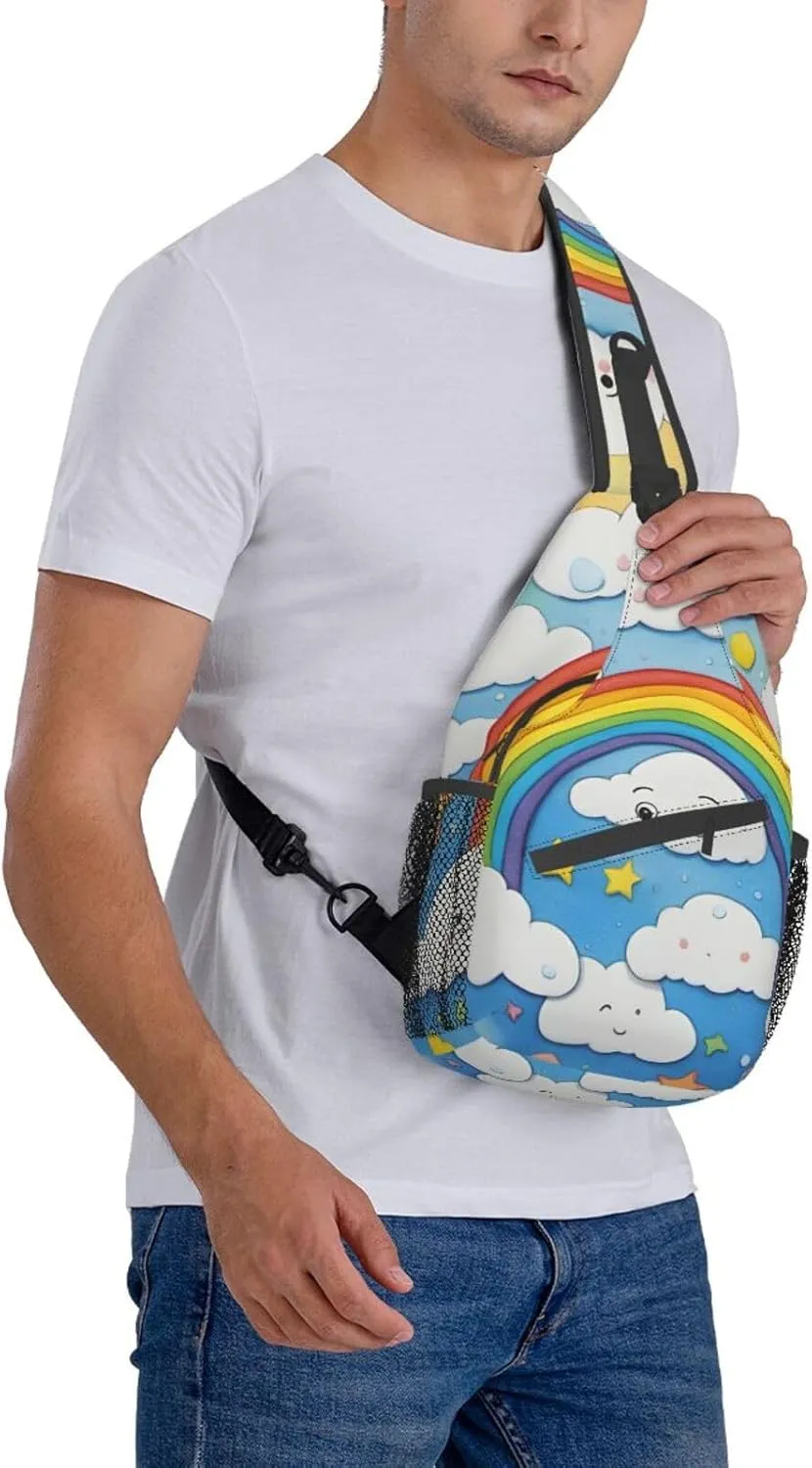SSIMOO Rainbow Clouds Raindrop Versatile Travel Hiking Backpack-Perfect For Outdoor Cycling,Chest Shoulder Bag