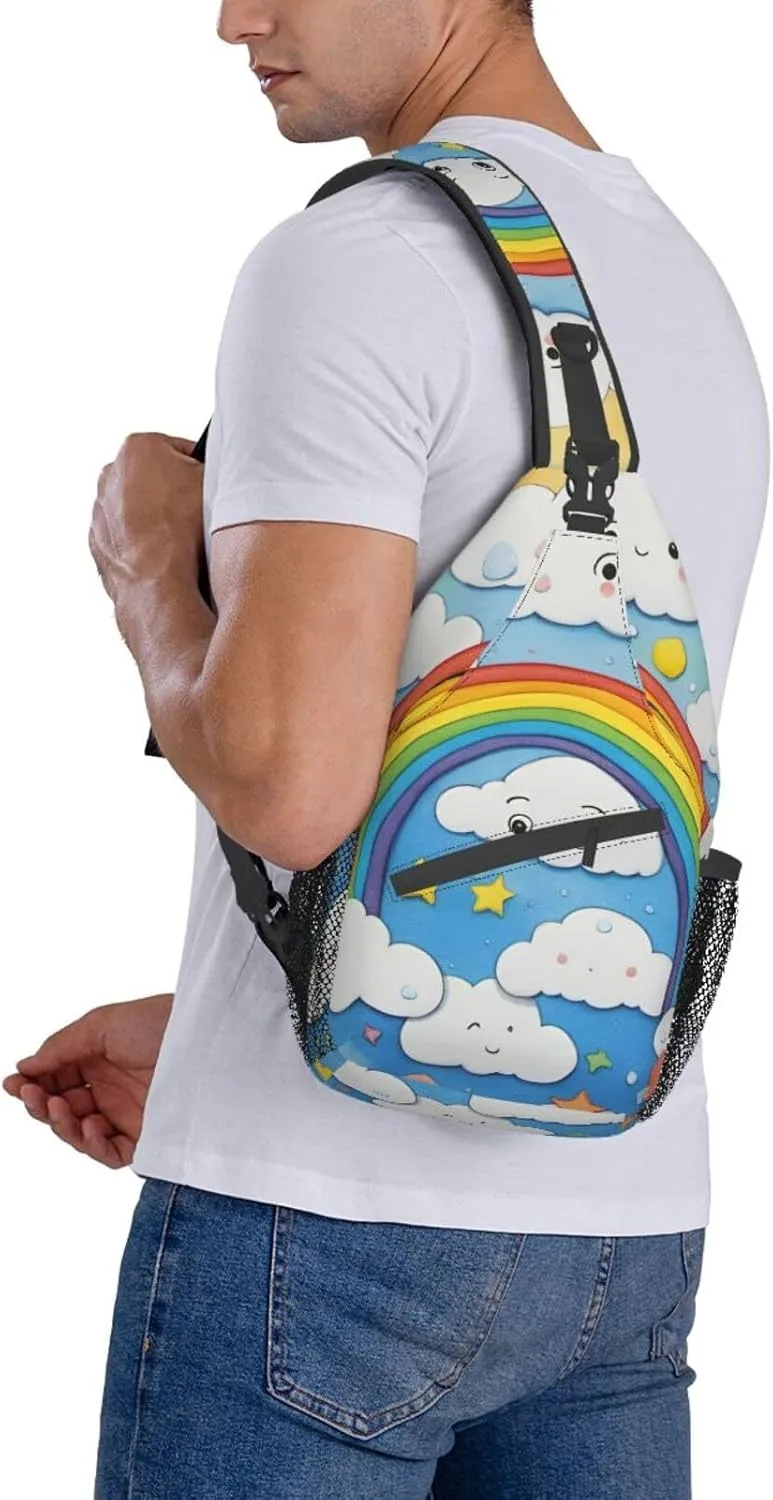 SSIMOO Rainbow Clouds Raindrop Versatile Travel Hiking Backpack-Perfect For Outdoor Cycling,Chest Shoulder Bag