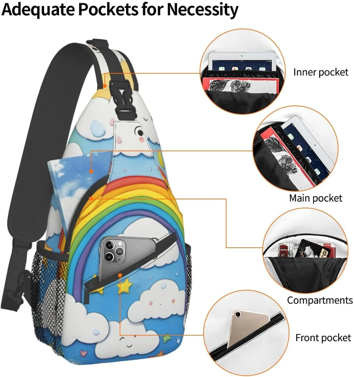 SSIMOO Rainbow Clouds Raindrop Versatile Travel Hiking Backpack-Perfect For Outdoor Cycling,Chest Shoulder Bag