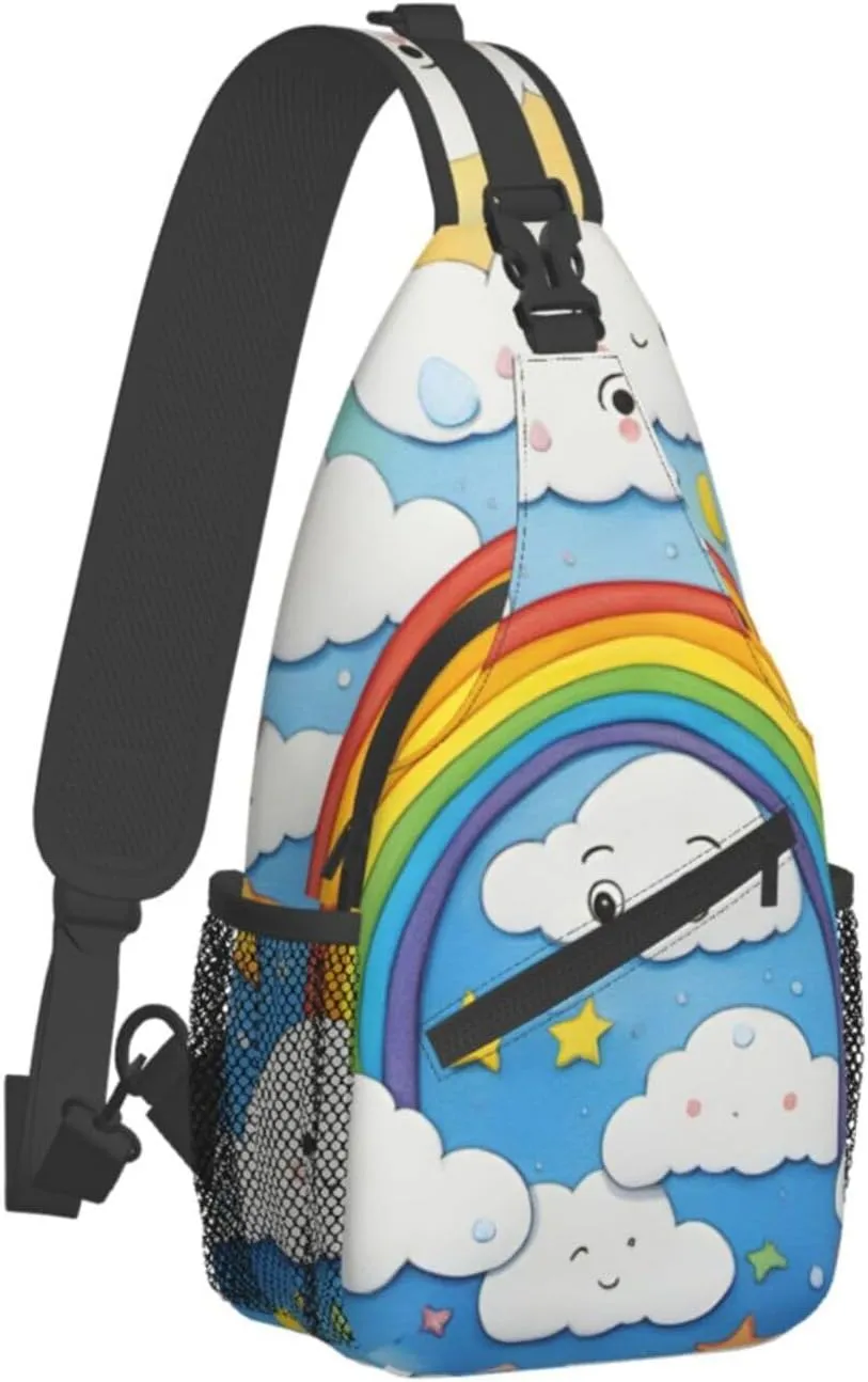 SSIMOO Rainbow Clouds Raindrop Versatile Travel Hiking Backpack-Perfect For Outdoor Cycling,Chest Shoulder Bag