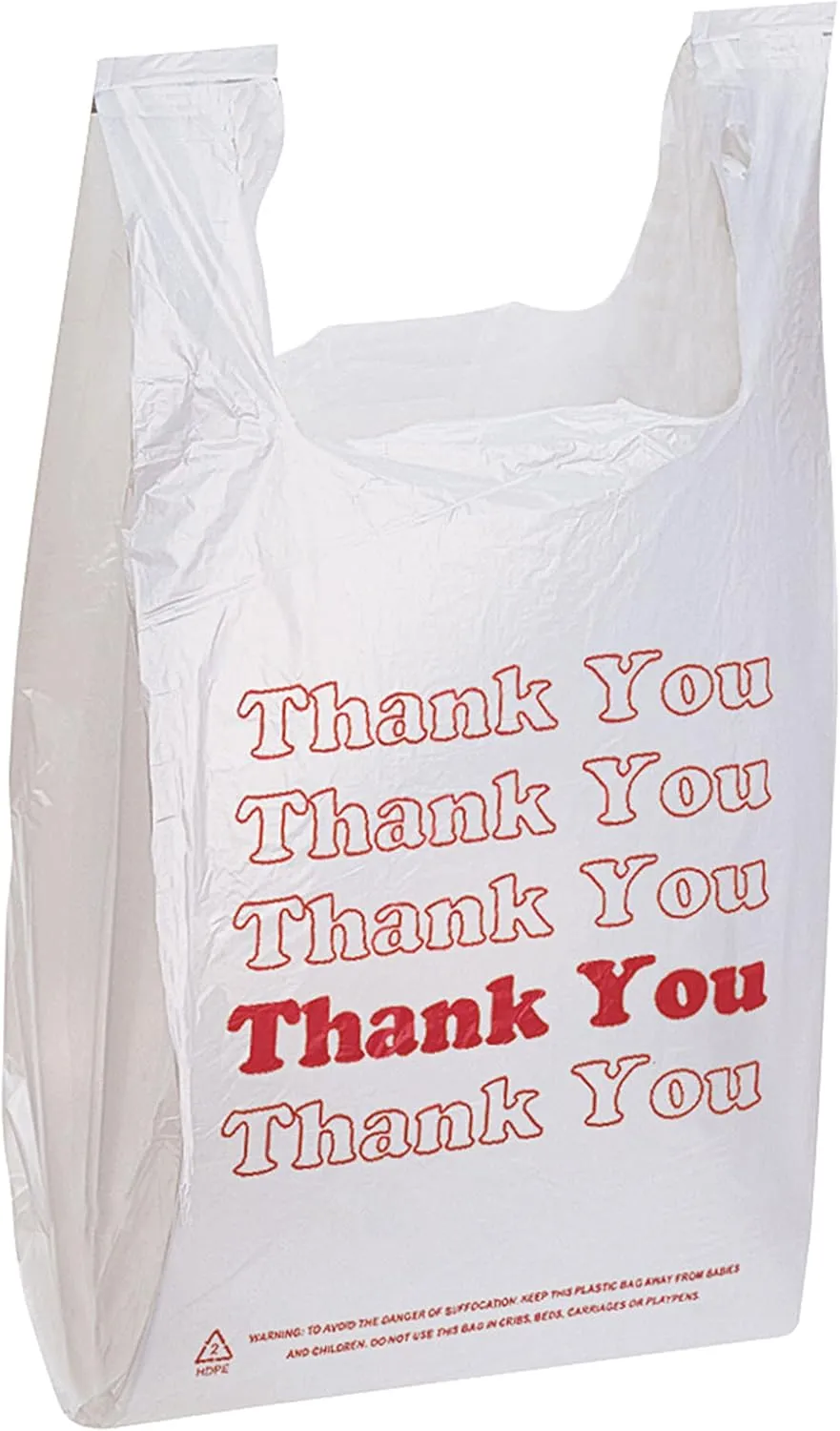 SSWBasics White Thank You Bags Case of 100-11 ½” x 6" x 21" - Thickness .48mil HDPE- Standard Supermarket Size, Perfect for Grocery, Retail, Convenience Stores, Take-Out and Home Use