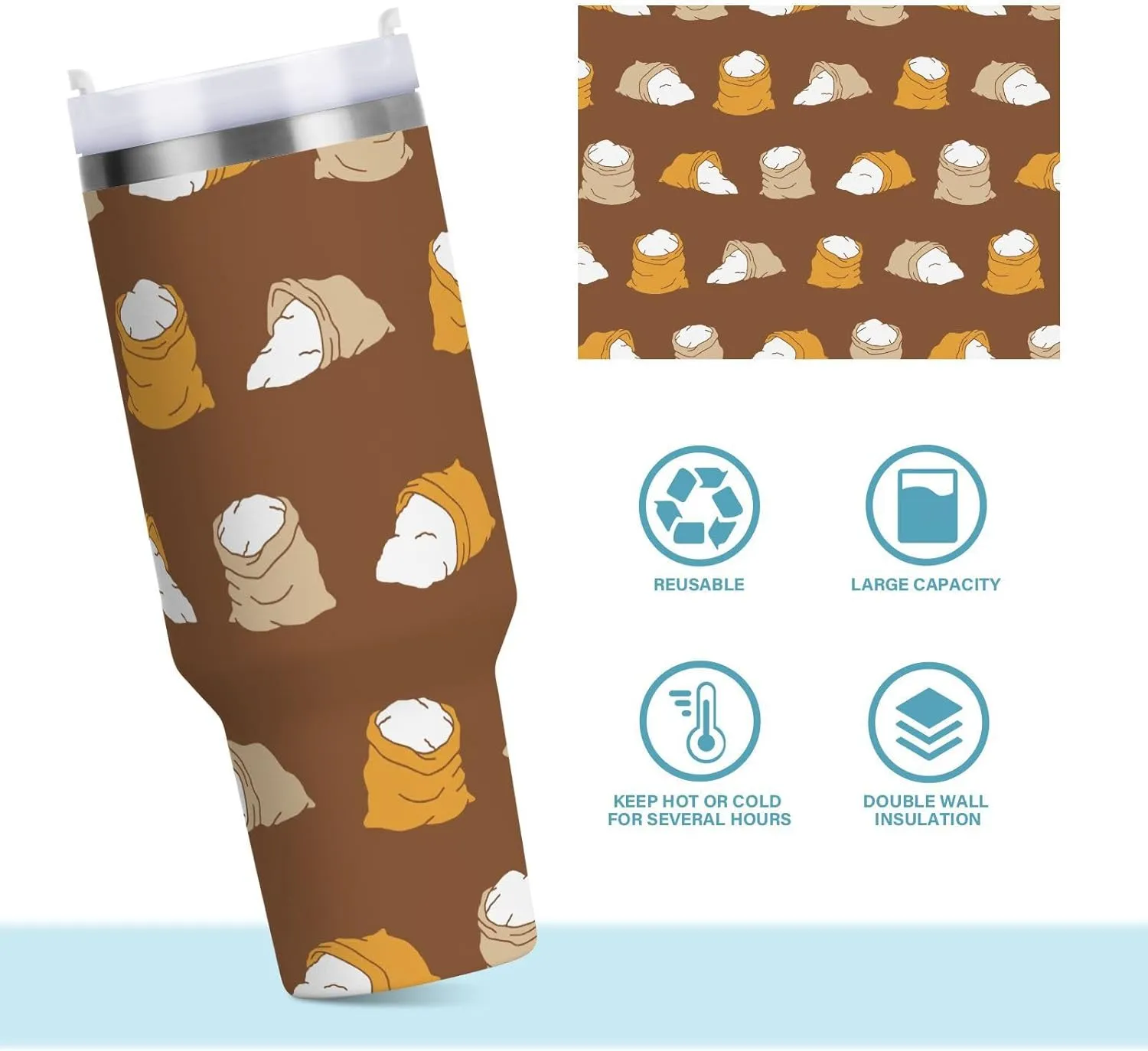 Stainless Steel Insulated Tumbler w/Handle & Straw, Flour Sack Brown Double Wall Vacuum Travel Coffee Mug Cup w/Lid, Leak-Proof Sports Water Bottle,40oz