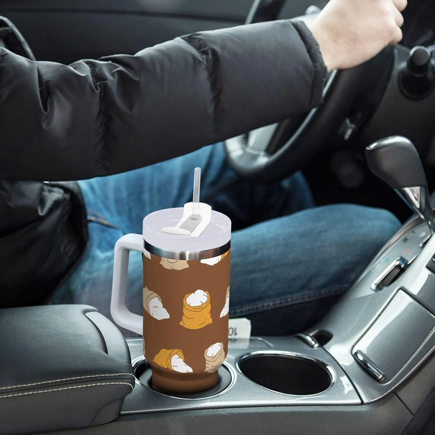 Stainless Steel Insulated Tumbler w/Handle & Straw, Flour Sack Brown Double Wall Vacuum Travel Coffee Mug Cup w/Lid, Leak-Proof Sports Water Bottle,40oz