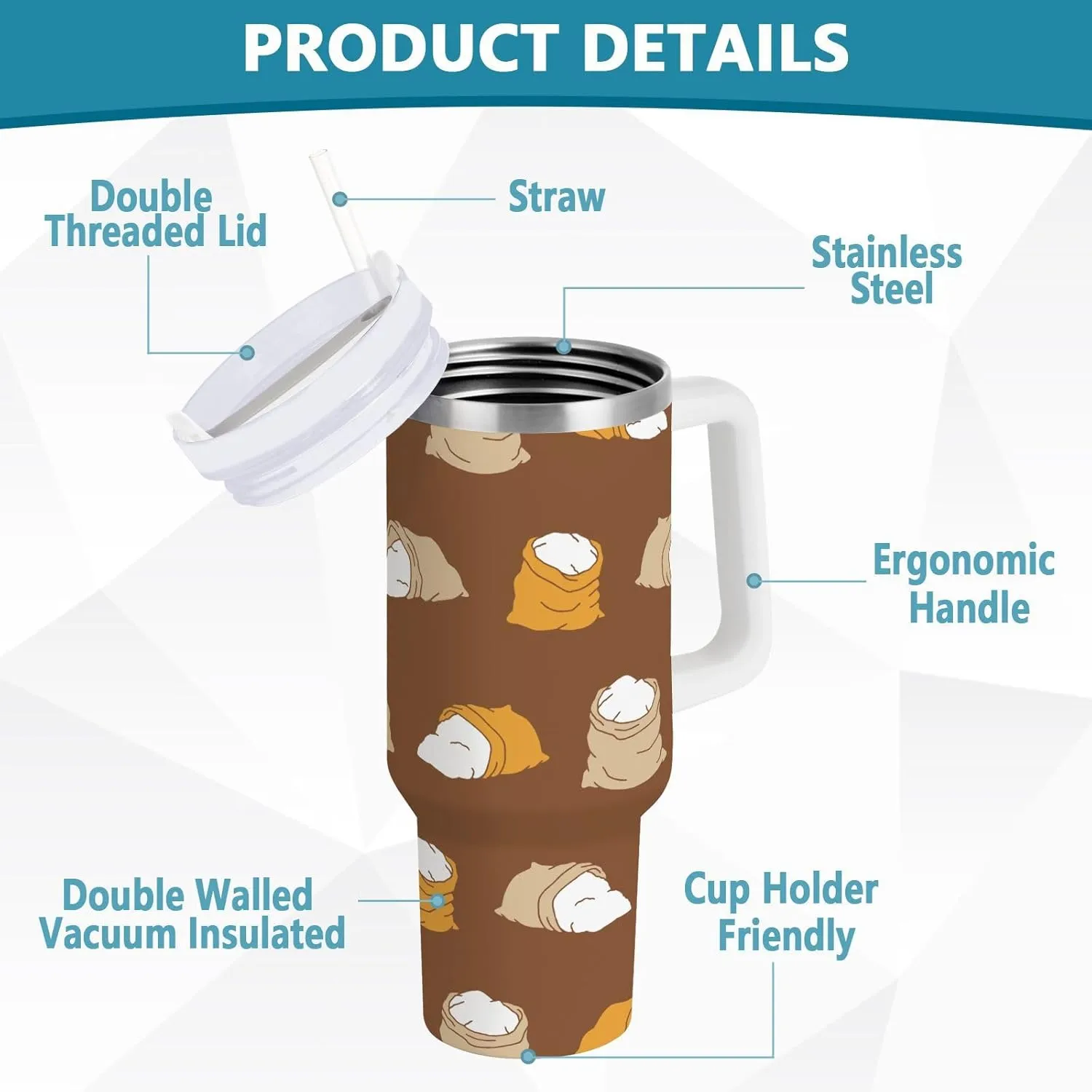 Stainless Steel Insulated Tumbler w/Handle & Straw, Flour Sack Brown Double Wall Vacuum Travel Coffee Mug Cup w/Lid, Leak-Proof Sports Water Bottle,40oz