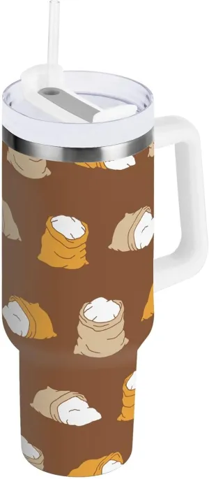 Stainless Steel Insulated Tumbler w/Handle & Straw, Flour Sack Brown Double Wall Vacuum Travel Coffee Mug Cup w/Lid, Leak-Proof Sports Water Bottle,40oz