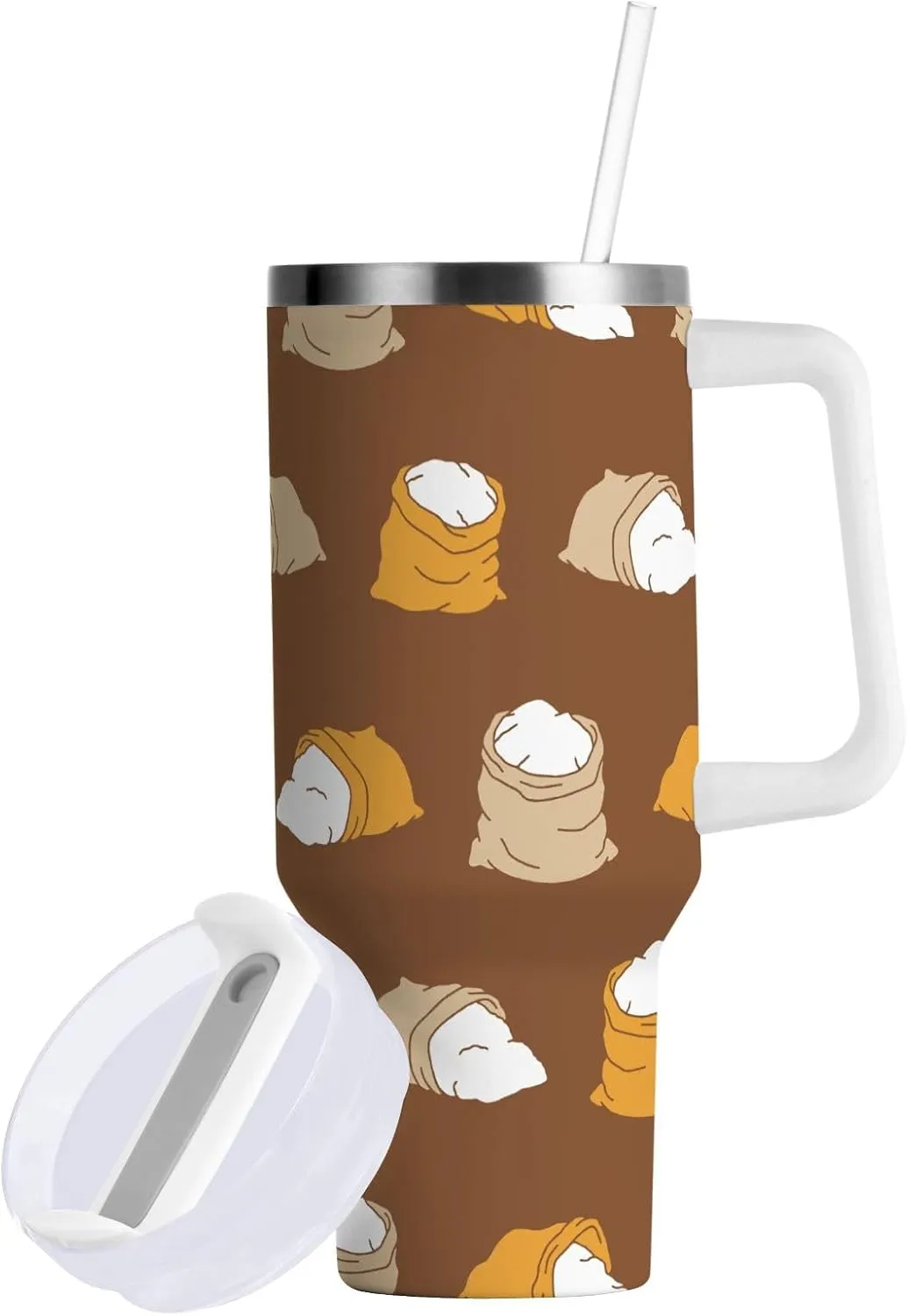 Stainless Steel Insulated Tumbler w/Handle & Straw, Flour Sack Brown Double Wall Vacuum Travel Coffee Mug Cup w/Lid, Leak-Proof Sports Water Bottle,40oz