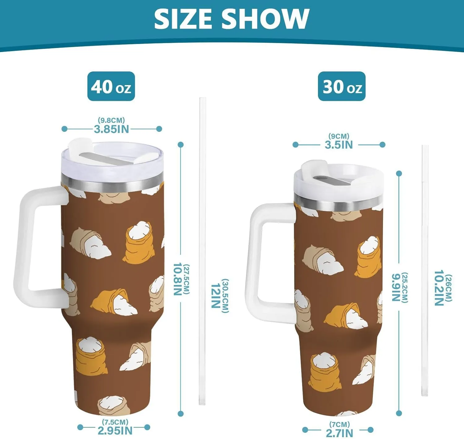 Stainless Steel Insulated Tumbler w/Handle & Straw, Flour Sack Brown Double Wall Vacuum Travel Coffee Mug Cup w/Lid, Leak-Proof Sports Water Bottle,40oz