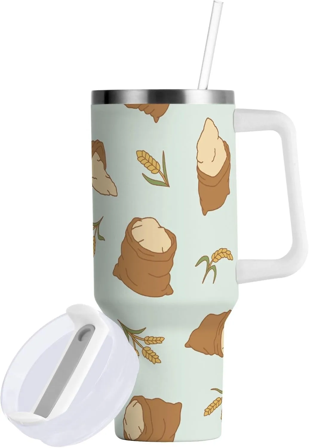 Stainless Steel Insulated Tumbler w/Handle & Straw, Flour Sack Wheat Double Wall Vacuum Travel Coffee Mug Cup w/Lid, Leak-Proof Sports Water Bottle,40oz