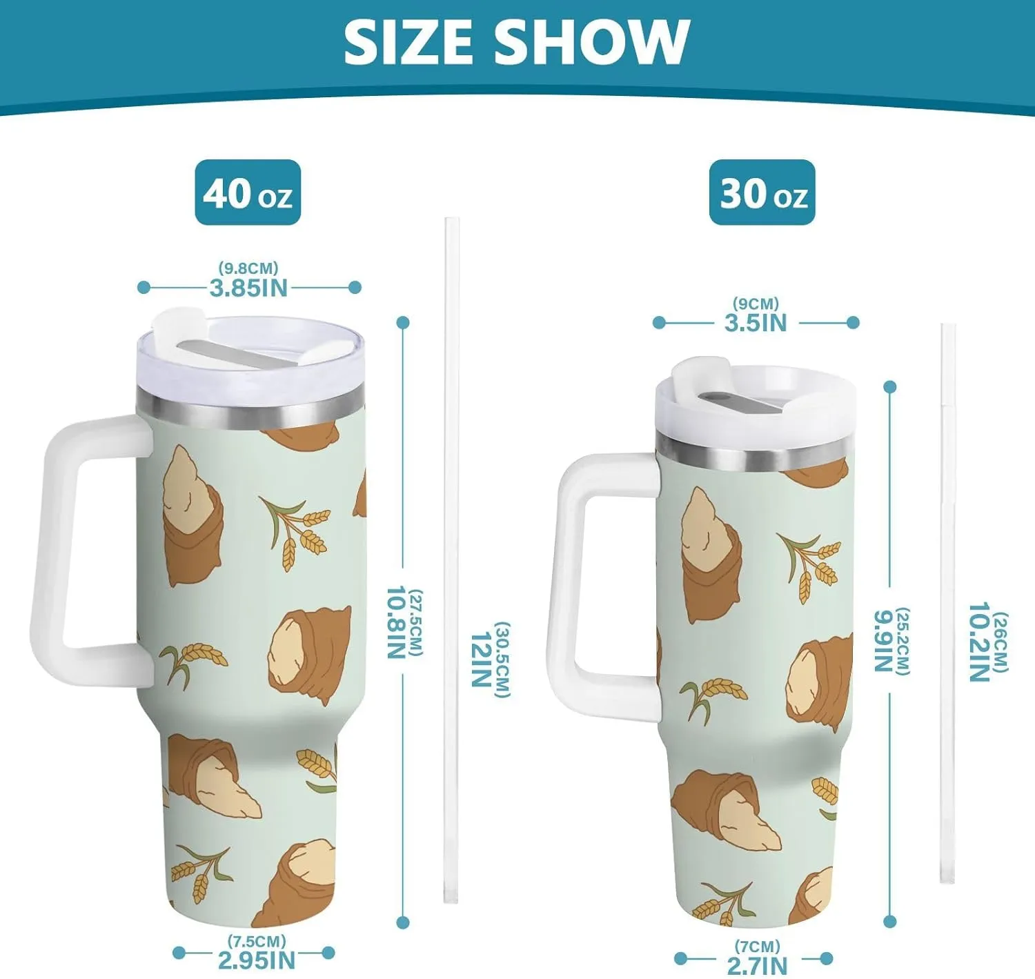 Stainless Steel Insulated Tumbler w/Handle & Straw, Flour Sack Wheat Double Wall Vacuum Travel Coffee Mug Cup w/Lid, Leak-Proof Sports Water Bottle,40oz