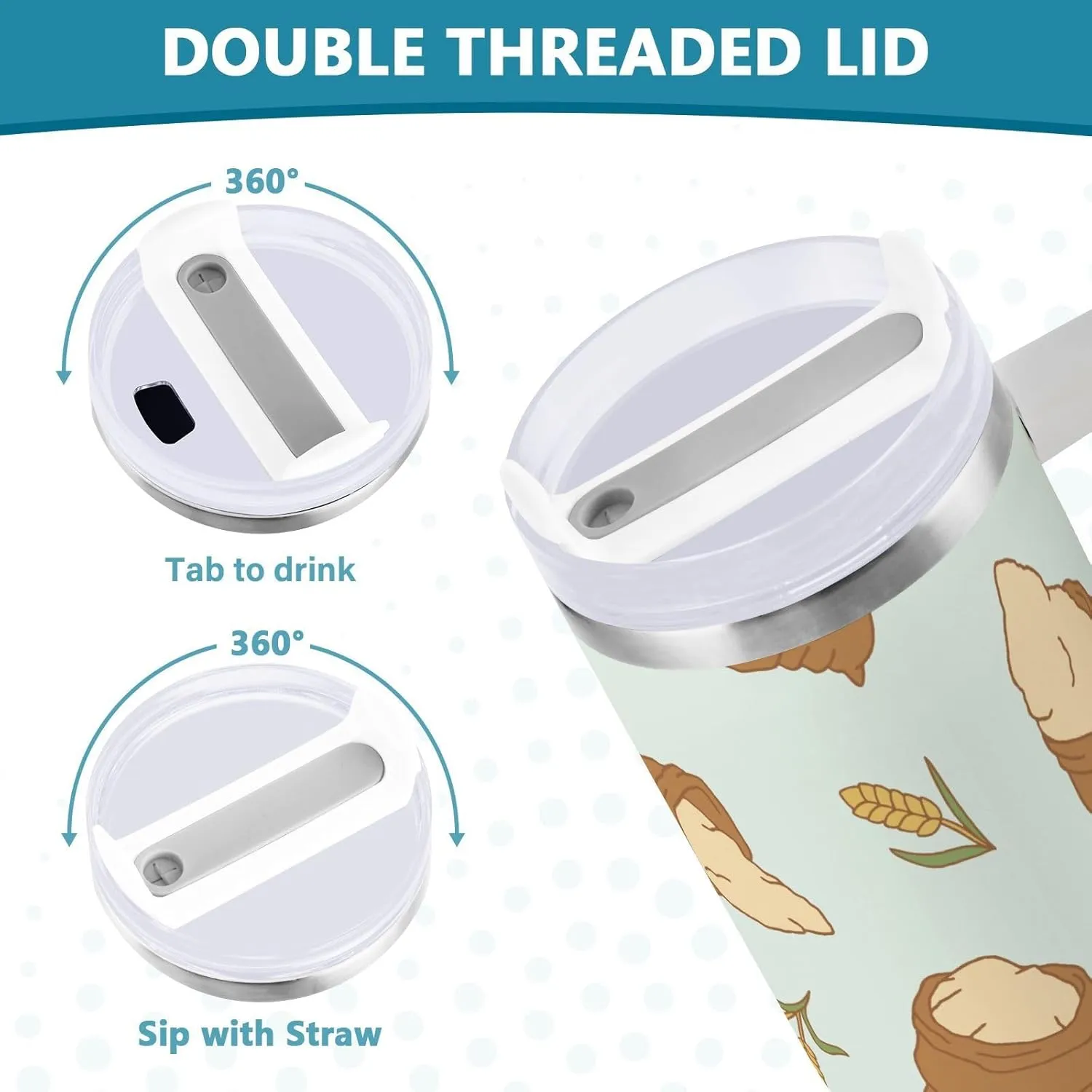 Stainless Steel Insulated Tumbler w/Handle & Straw, Flour Sack Wheat Double Wall Vacuum Travel Coffee Mug Cup w/Lid, Leak-Proof Sports Water Bottle,40oz