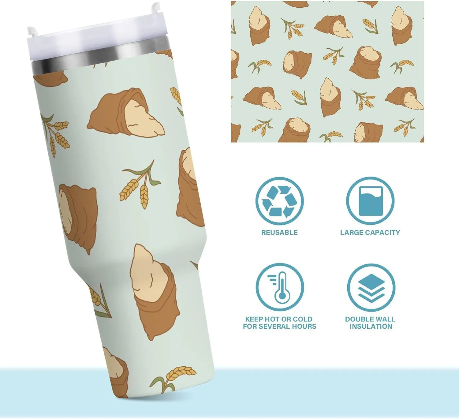 Stainless Steel Insulated Tumbler w/Handle & Straw, Flour Sack Wheat Double Wall Vacuum Travel Coffee Mug Cup w/Lid, Leak-Proof Sports Water Bottle,40oz