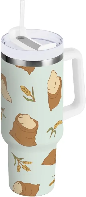 Stainless Steel Insulated Tumbler w/Handle & Straw, Flour Sack Wheat Double Wall Vacuum Travel Coffee Mug Cup w/Lid, Leak-Proof Sports Water Bottle,40oz