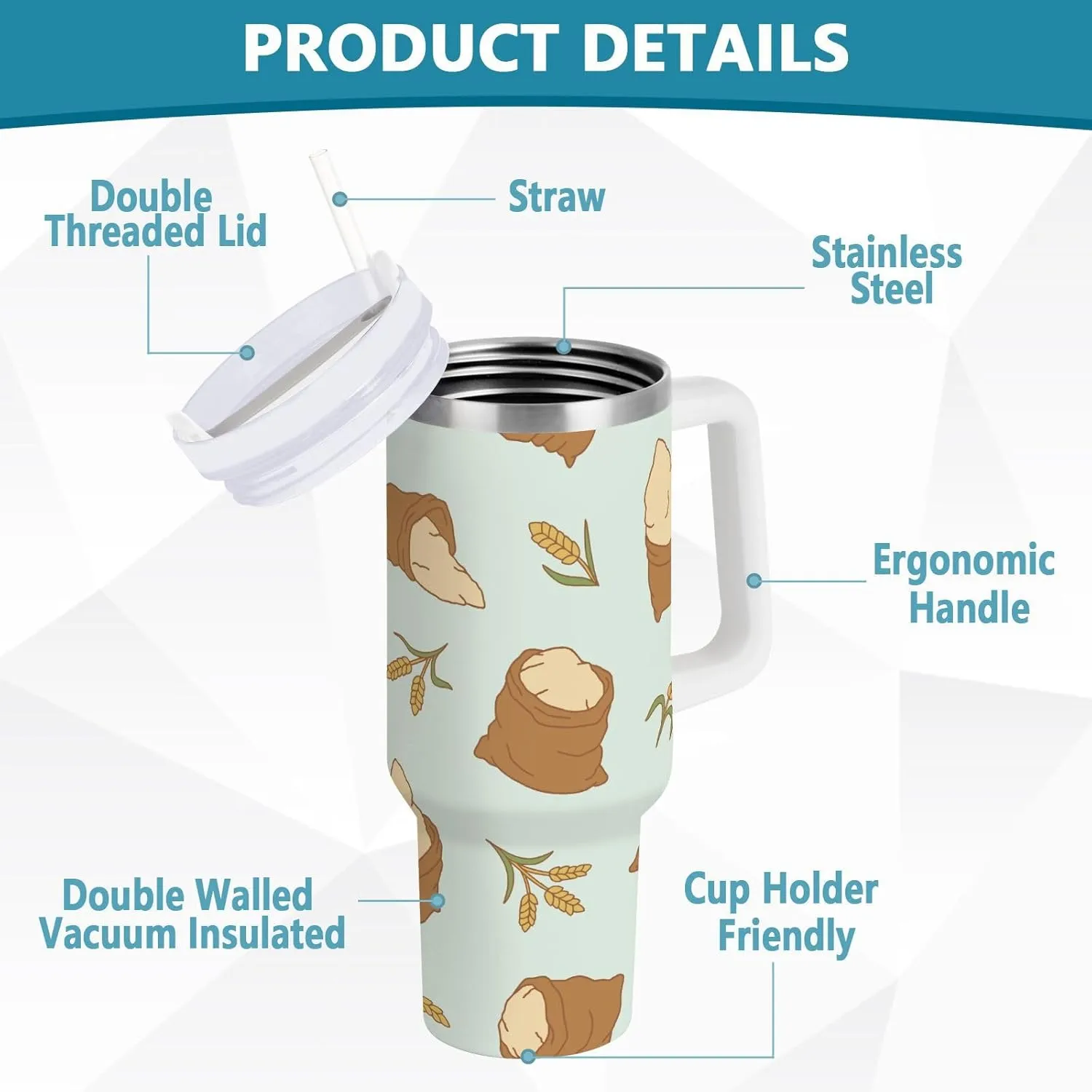 Stainless Steel Insulated Tumbler w/Handle & Straw, Flour Sack Wheat Double Wall Vacuum Travel Coffee Mug Cup w/Lid, Leak-Proof Sports Water Bottle,40oz