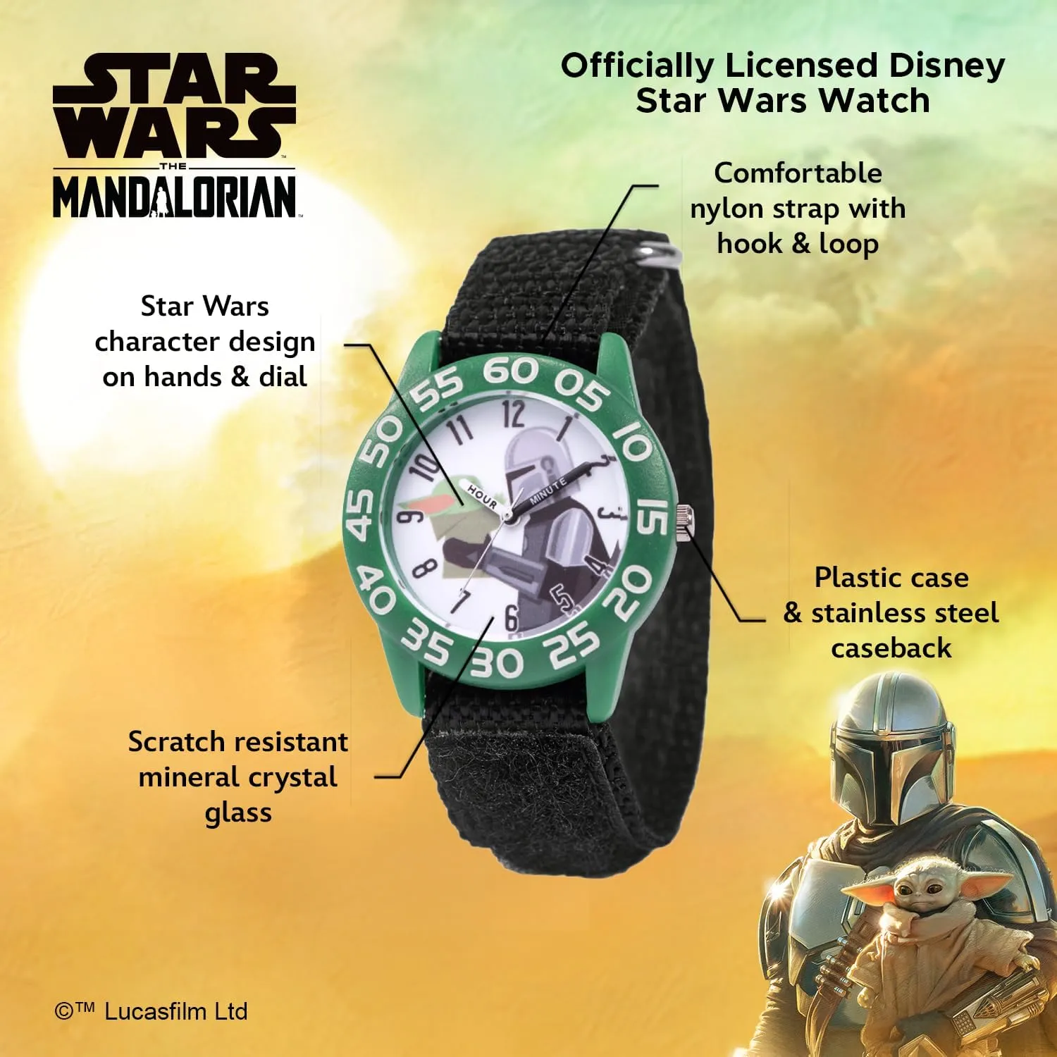 STAR WARS The Mandalorian Kids' Plastic Time Teacher Analog Quartz Nylon Strap Watch