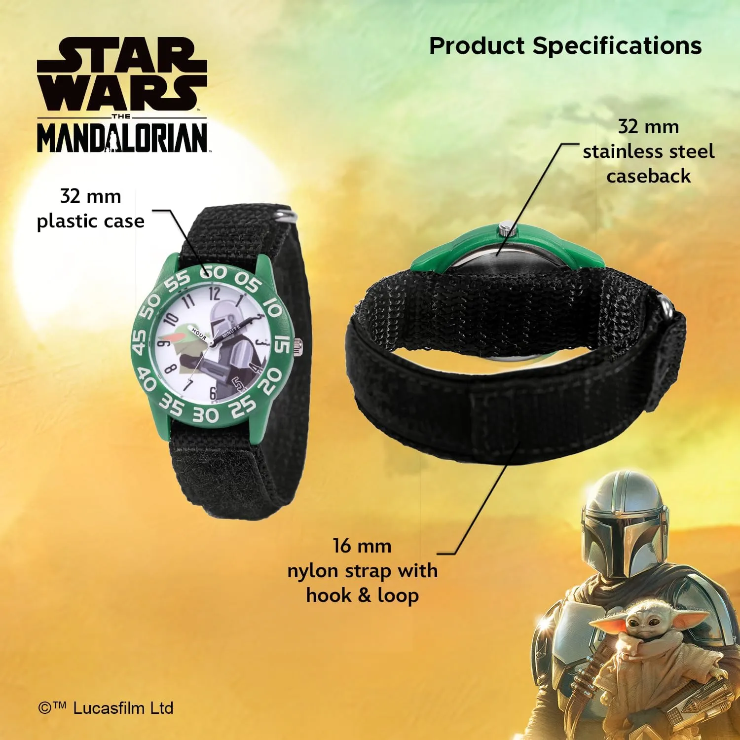 STAR WARS The Mandalorian Kids' Plastic Time Teacher Analog Quartz Nylon Strap Watch