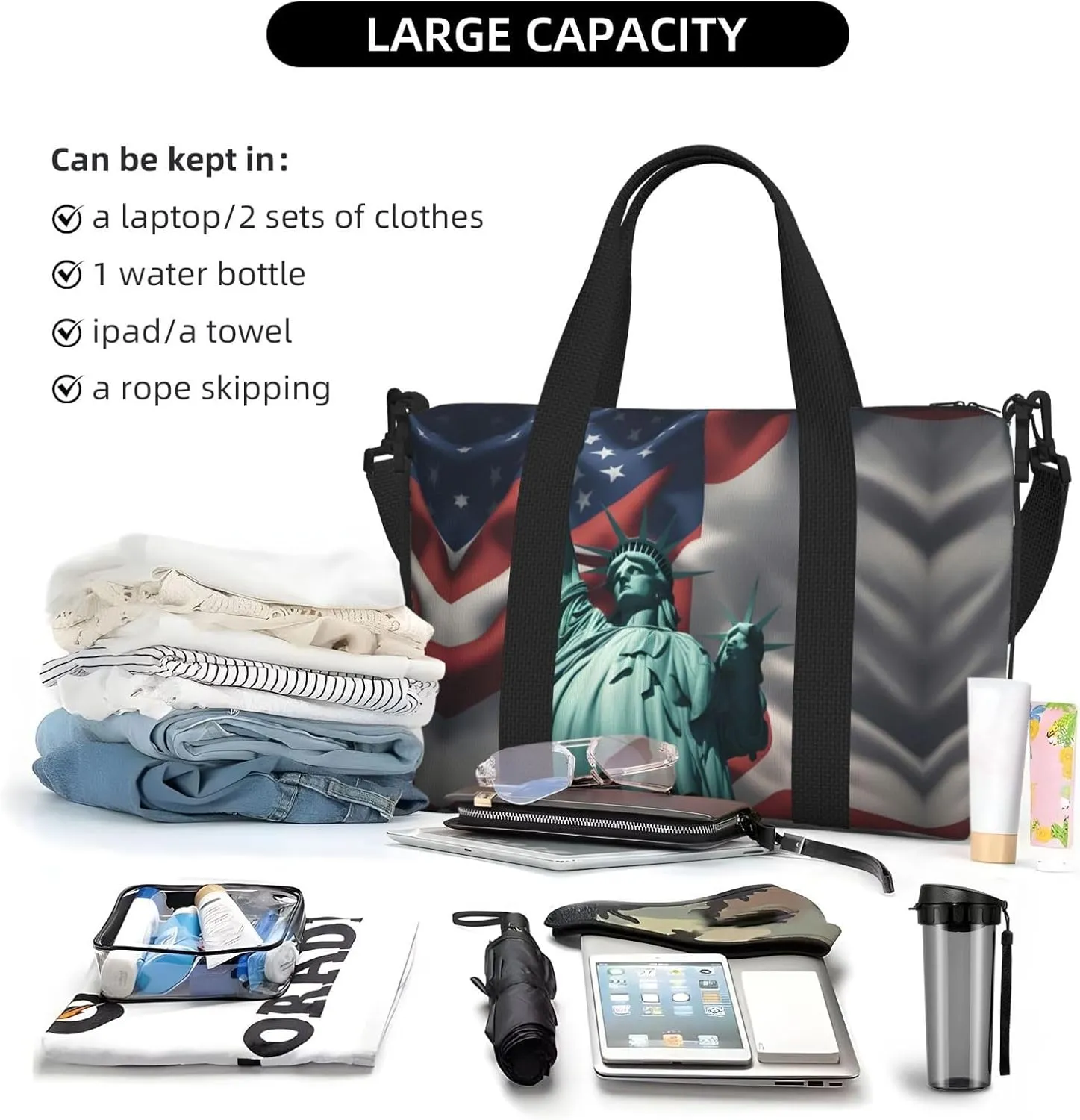 Statue Of Liberty Flag Travel Duffel Bag Carry On Tote Bags For Men,Weekender Overnight Bag,Sports Tote Gym Bag