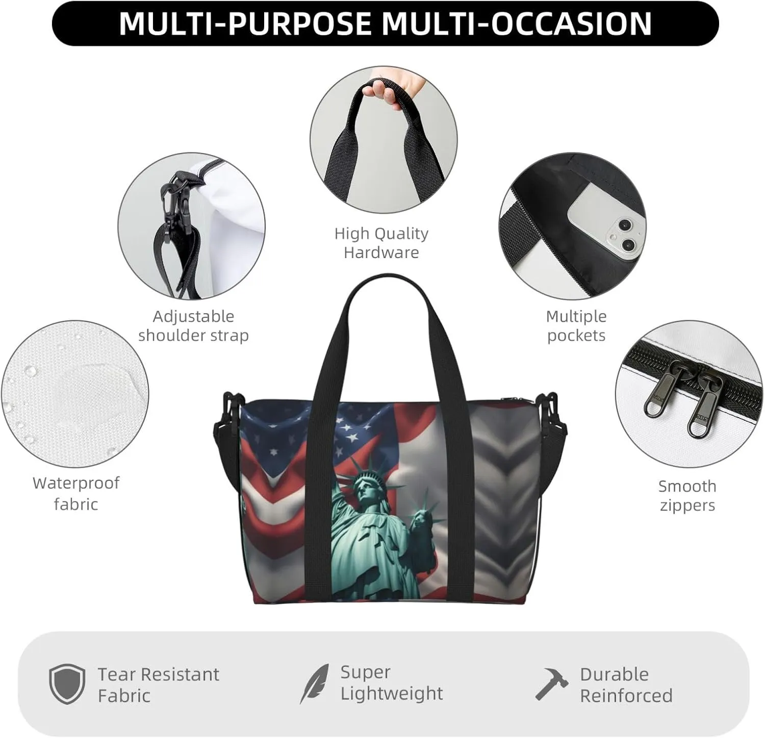 Statue Of Liberty Flag Travel Duffel Bag Carry On Tote Bags For Men,Weekender Overnight Bag,Sports Tote Gym Bag