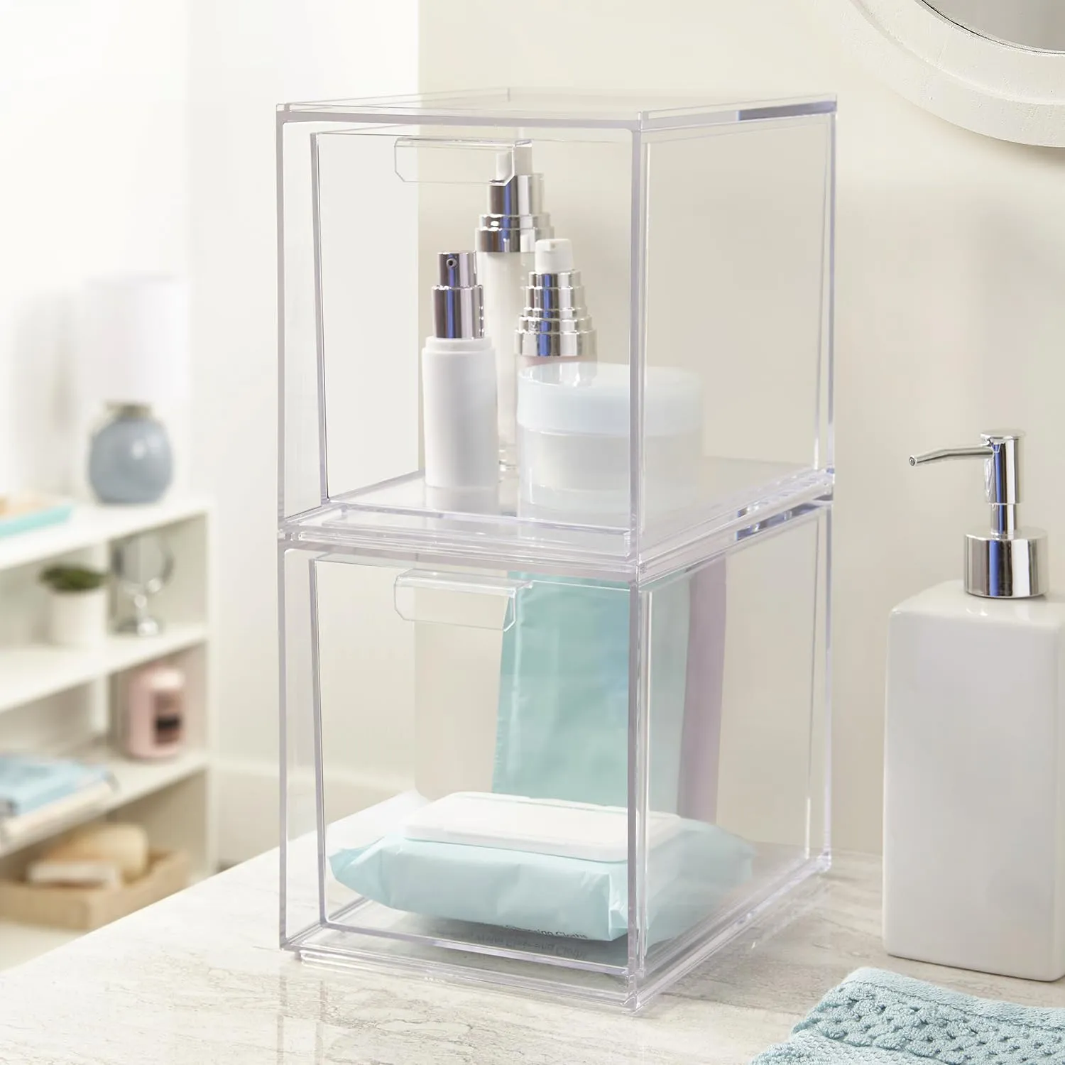 STORi Audrey Stackable Bin Clear Plastic Organizer Drawers | 2 Piece Set | Organize Cosmetics and Beauty Supplies on a Vanity | Made in USA
