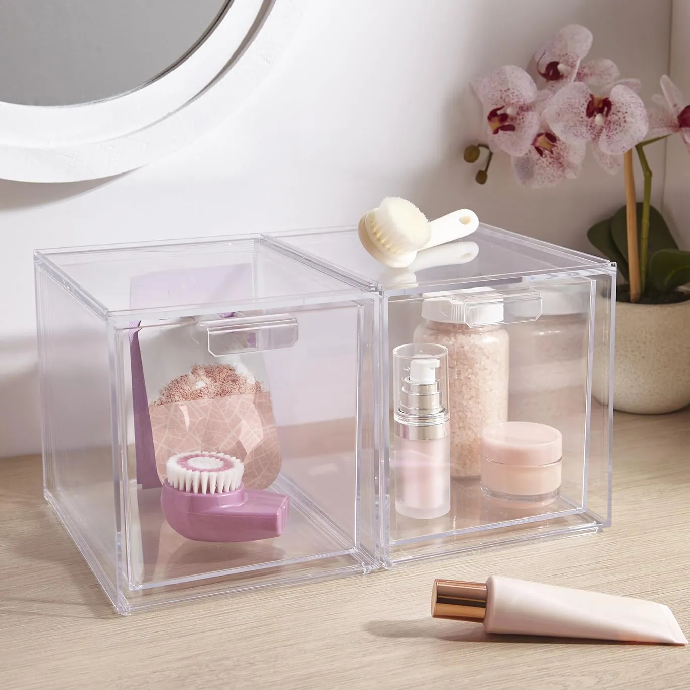 STORi Audrey Stackable Bin Clear Plastic Organizer Drawers | 2 Piece Set | Organize Cosmetics and Beauty Supplies on a Vanity | Made in USA