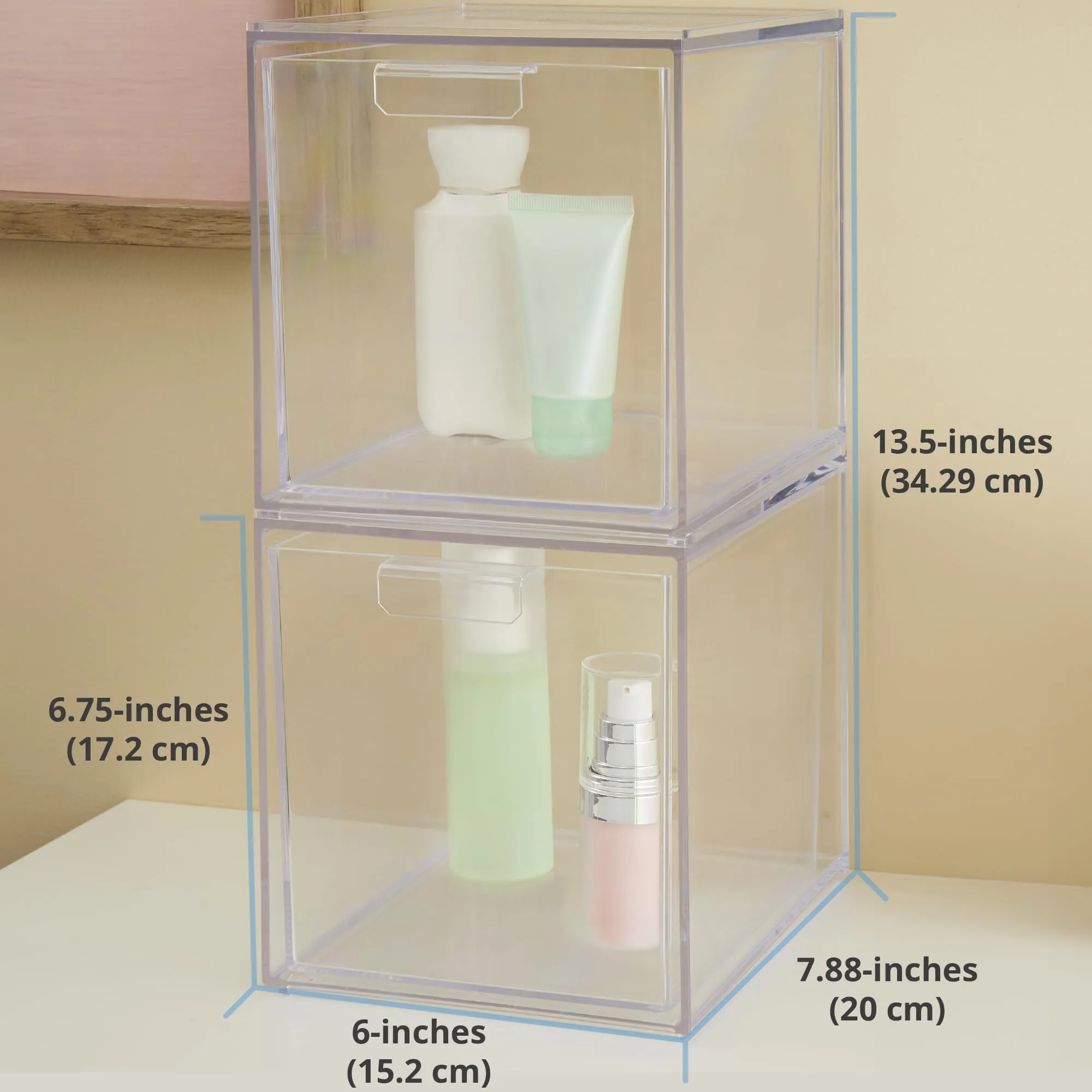 STORi Audrey Stackable Bin Clear Plastic Organizer Drawers | 2 Piece Set | Organize Cosmetics and Beauty Supplies on a Vanity | Made in USA