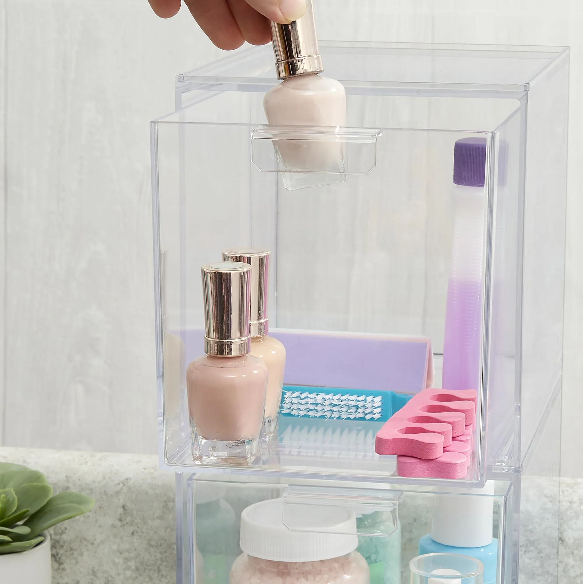 STORi Audrey Stackable Bin Clear Plastic Organizer Drawers | 2 Piece Set | Organize Cosmetics and Beauty Supplies on a Vanity | Made in USA