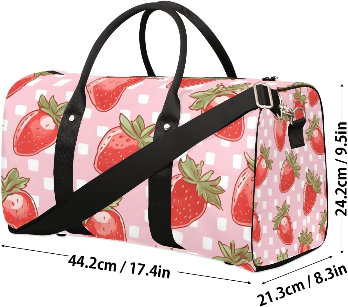 Strawberry Fruit Plaid Travel Duffel Bag for Women Men Waterproof Foldable Overnight Weekender Bag Large Capacity Sports Gym Bag
