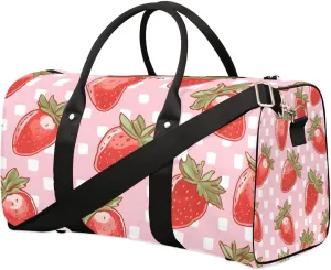 Strawberry Fruit Plaid Travel Duffel Bag for Women Men Waterproof Foldable Overnight Weekender Bag Large Capacity Sports Gym Bag
