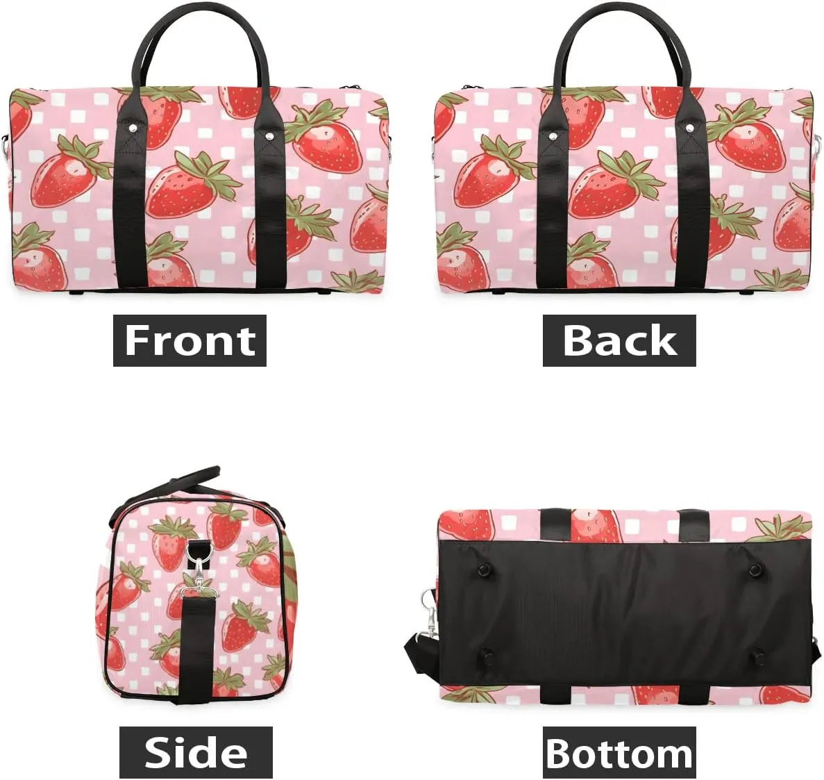 Strawberry Fruit Plaid Travel Duffel Bag for Women Men Waterproof Foldable Overnight Weekender Bag Large Capacity Sports Gym Bag