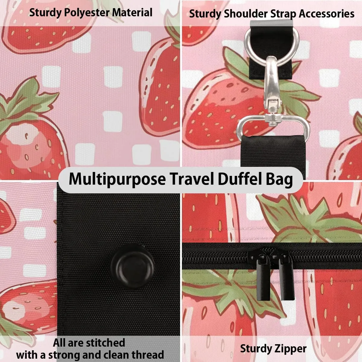 Strawberry Fruit Plaid Travel Duffel Bag for Women Men Waterproof Foldable Overnight Weekender Bag Large Capacity Sports Gym Bag