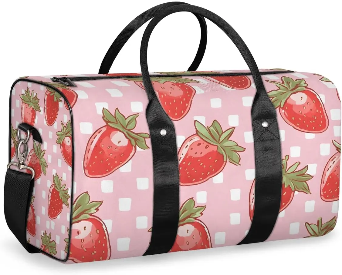 Strawberry Fruit Plaid Travel Duffel Bag for Women Men Waterproof Foldable Overnight Weekender Bag Large Capacity Sports Gym Bag